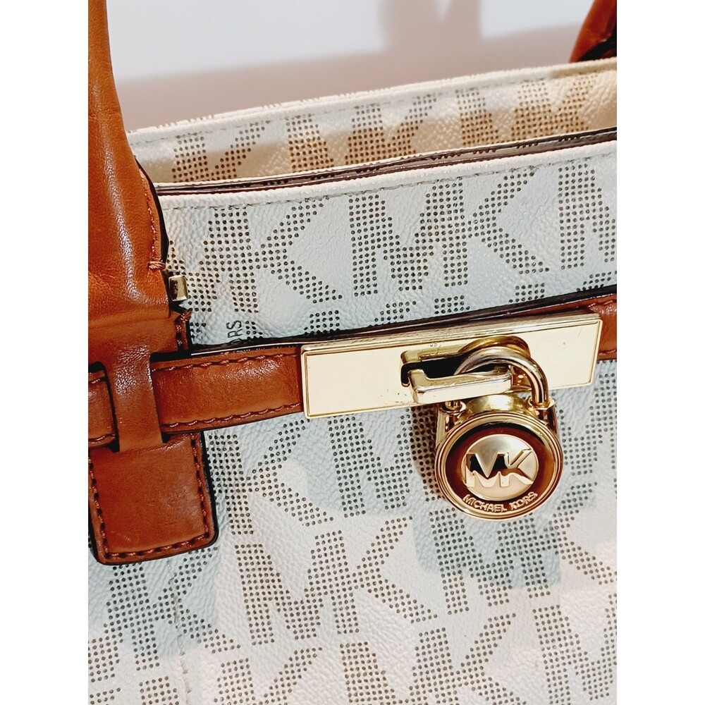 Michael Kors Cream MK Logo Canvas Crossbody with Brown Leather Trim - Picture 3 of 13